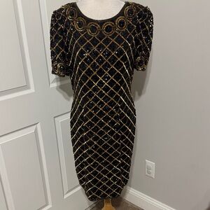 Niteline by Della Roufogali vintage black & gold geometric sequin dress, size 14